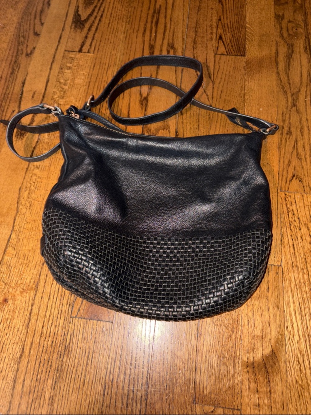 Women's Black Cole Haan Leather Crossbody Bag with Woven Detail